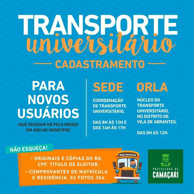 🚨 ATENÇÃO UNIVERSITÁRIOS: o cadastramento para novo beneficiados DP transporte universitário está aberto.
