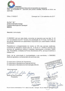 🚨 #ATENÇÃO O SINDSEC- Sindicato dos servidores públicos do município de Camaçari emitem uma nota onde informam que faram uma paralização de 72 horas.