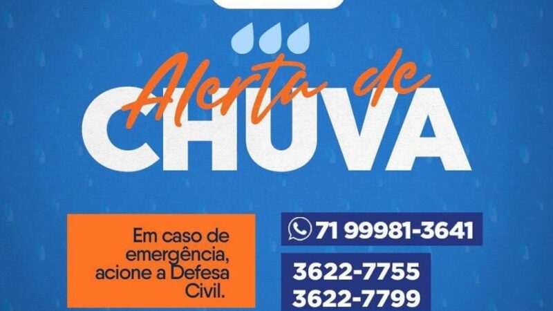 Defesa Civil faz alerta de chuvas e ventos fortes para Camaçari nos próximos dias